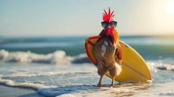 ai generato un' carino gallina surfer gode un' pieno di divertimento estate giorno a il spiaggia, equitazione onde con entusiasmo, ai generato. foto