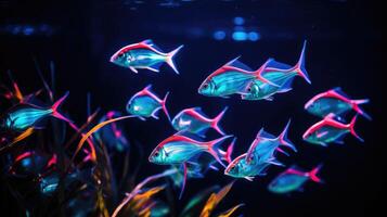 ai generato testimone un' dinamico scuola di neon tetra pesce nel sincronizzato nuotare, ai generato. foto
