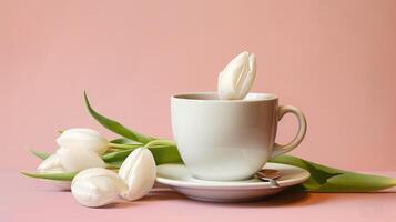 ai generato caffè tazza, bianca tulipani, e un' singolo uovo su pastello rosa. ai generato foto