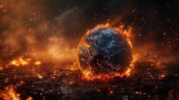 ai generato testimone il terra globo distrutto di fuoco, ardente su raggiante brace. ai generato foto