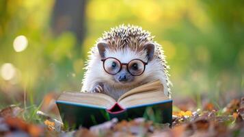 ai generato un' carino riccio don occhiali, assorto nel un' libro. ai generato. foto