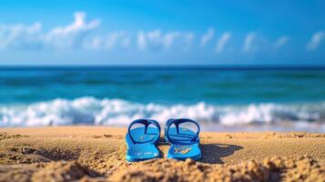 ai generato un' paio di infradito sta nel il sabbia a il spiaggia, con il vasto oceano la creazione di un' sereno sfondo. ai generato foto