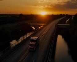 ai generato rosso semi camion viaggi giù autostrada a tramonto. foto