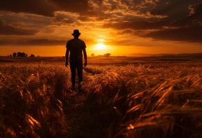 ai generato un' uomo in esecuzione giù un' campo. un' uomo sta nel un' campo come il sole imposta, getto un' caldo splendore attraverso il paesaggio. foto