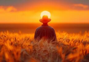 ai generato contadino nel cappello e sciarpa in piedi nel il mezzo di Grano campo e guardare a il tramonto foto