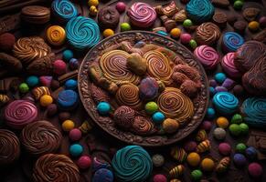 ai generato piatto di colorato cioccolato caramelle foto