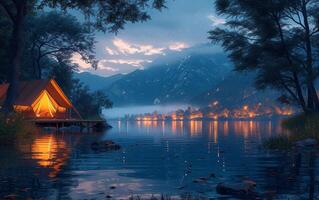 ai generato Casa su il lago a notte. tende al di sopra di guardare un' lago a notte foto