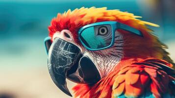 ai generato vivace pappagallo prende un' salto su il sabbioso costa, ostentando elegante occhiali da sole, ai generato. foto