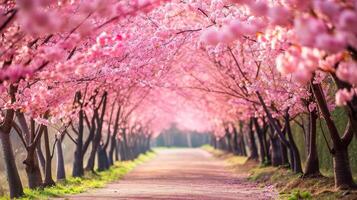 ai generato un' pittoresco vicolo ornato con ciliegia fiori, cattura il incantevole bellezza di primavera. ai generato. foto