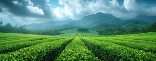 ai generato tè piantagione verde paesaggio nel il montagne foto