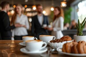 ai generato attività commerciale persone in piedi in giro un' tavolo con caffè foto