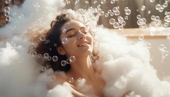 ai generato giovane donna soffiaggio sapone bolle e avendo divertimento nel il bagno foto