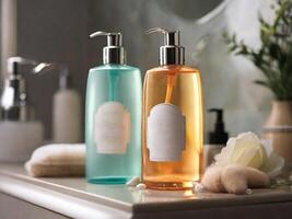 ai generato il shampoo appare come un' delicato e elegante accessorio per il bagno, foto