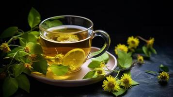 ai generato tazza di erbaceo tè con tiglio fiori su buio sfondo foto