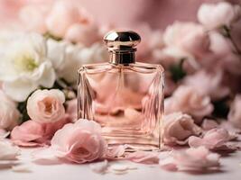 ai generato un' piegato bottiglia di profumo, nel rosa toni, su il petali di bianca fiori foto
