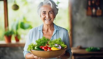 ai generato anziano donna sorridente felicemente e Tenere un' salutare verdura insalata ciotola su sfocato cucina sfondo, con copia spazio foto