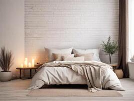 ai generato letto con cuscini e copriletto vicino camino contro bianca mattone parete. soppalco, scandinavo interno design di moderno Camera da letto. foto
