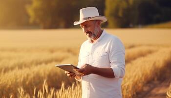 ai generato uomo contadino con digitale tavoletta con vuoto bianca del desktop schermo su un' sfondo di campo. tecnologia agricoltura agricoltura concetto foto