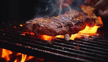 ai generato un' uomo cuochi un' carne bistecca su carbone griglia. barbecue festa. bistecche cucinando al di sopra di fiammeggiante griglia foto