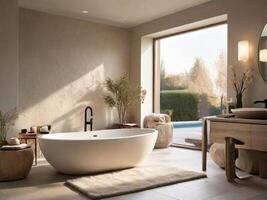 ai generato contemporaneo progettato bagno con un' indipendente vasca, strutturato accenti, e morbido naturale illuminazione foto