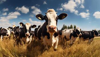 ai generato gruppo di mucche insieme raccolta nel un' campo. campagna sfondo foto
