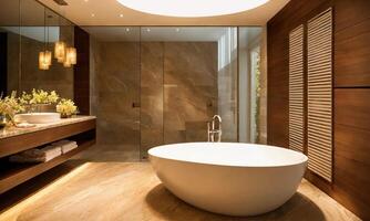 ai generato contemporaneo progettato bagno con un' indipendente vasca, strutturato accenti, e morbido naturale illuminazione foto