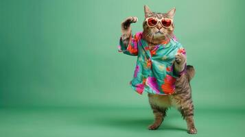 ai generato giocoso gatto nel vivace abbigliamento e occhiali da sole balli su un' verde sfondo. ai generato foto
