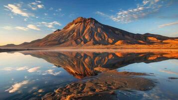 ai generato vulcanico montagna riflessa nel calma lago acque. ai generato foto