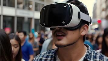 ai generato vicino su, uomo indossa virtuale la realtà timoniere nel folla di persone su street.dive in metaverso. foto