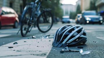 ai generato un' bicicletta casco riposa su marciapiede accanto un' bicicletta nel il città. urbano giustapposizione, ai generato. foto