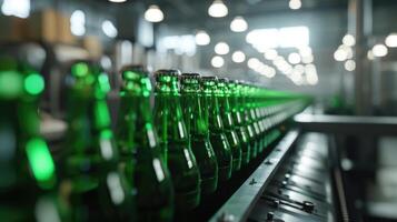 ai generato Vettore di verde birra bottiglie in movimento lungo un' produzione linea, incarnando il processi di birra eccellenza. ai generato. foto