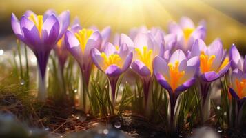 ai generato luminosa giallo e viola crochi ornato con scintillante acqua goccioline crogiolarsi nel il raggiante luce del sole di primavera. ai generato. foto