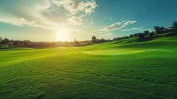 ai generato un' panoramico Visualizza di un' golf corso, con lussureggiante verde tappeto erboso, in mostra naturale bellezza. ai generato. foto