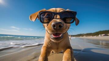 ai generato energico cucciolo salti su il spiaggia, a dondolo adorabile occhiali da sole, un' pawfect miscela di giocosità, ai generato. foto