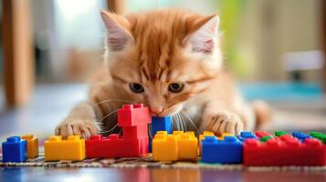 ai generato un' carino arancia gatto immersioni in un' tetris sfida con giocoso delizia. ai generato. foto