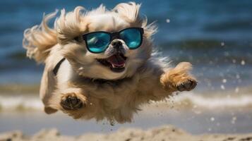 ai generato adorabile pekingese passeggiate su il sabbioso spiaggia, Abbracciare una persona il mare fascino, ai generato. foto