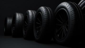 ai generato elegante nero pneumatici In piedi su contro un' buio sfondo, valorizzare loro fascino. ai generato foto