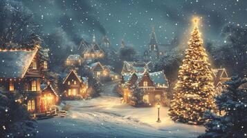ai generato stile vintage Natale villaggio luccica a notte, un' fiaba neve Paese delle meraviglie si svolge, ai generato. foto