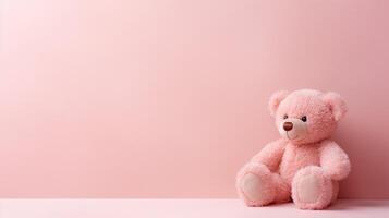 ai generato adorabile orso peluche su un' pallido rosa sfondo con copia spazio. ai generato foto