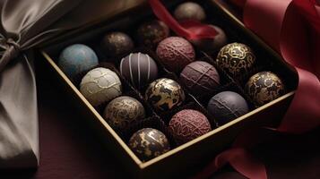 ai generato elegante cioccolato Bon Bons, varia ripieni, squisito decorazioni. puro indulgenza, ai generato. foto