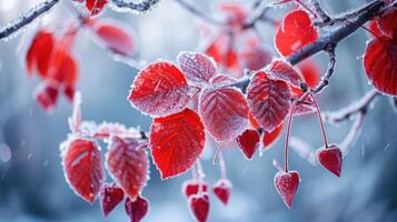 ai generato d'inverno toccare adorna albero le foglie nel brina, un' delicato ghiacciato eleganza emerge, ai generato. foto