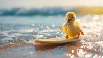 ai generato un' carino anatra surfer gode un' pieno di divertimento estate giorno a il spiaggia, equitazione onde con entusiasmo, ai generato. foto