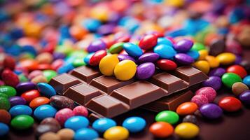 ai generato un' delizioso cioccolato bar circondato di multicolore ricoperto di caramelle cioccolatini su un' vivace sfondo. ai generato foto