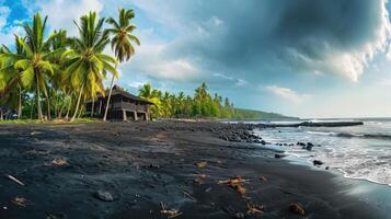 ai generato panorama di un' tropicale nero sabbia spiaggia con palma alberi e un' solitario Casa. ai generato. foto
