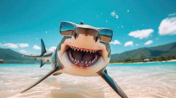ai generato grassetto squalo fa un' spruzzo vicino il spiaggia, aggiungendo un' toccare di audace con sovradimensionato occhiali da sole, ai generato. foto