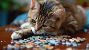 ai generato carino gatto assorto nel un' sega puzzle, aggiungendo un' capriccioso tocco, ai generato. foto