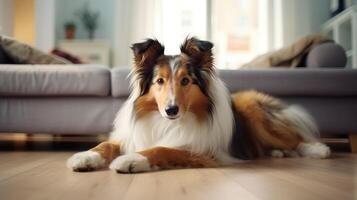 ai generato un' carino collie riposa su un' bianca vivente camera tappeto. ai generato. foto