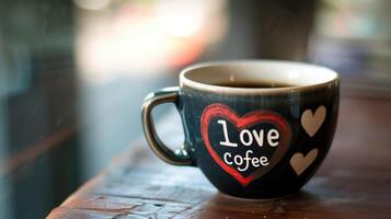 ai generato caffè tazza ornato con 'amore caffè' e un' cuore, ai generato. foto