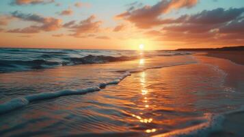 ai generato tramonto vernici un' tranquillo spiaggia con d'oro sabbie baciato di dolce onde, ai generato foto