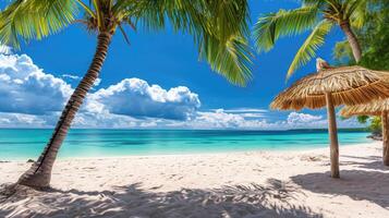 ai generato tranquillo spiaggia scena con parasole, palma albero, e chiaro blu cielo, un' tropicale Paradiso. ai generato. foto